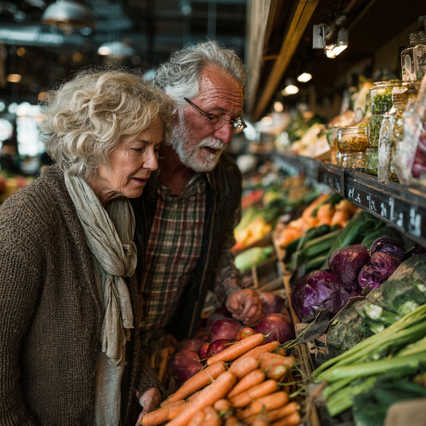 Щасливі літні люди з здоровою їжею